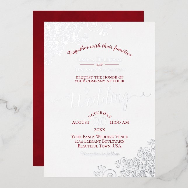 Elegant Silver Lace & Crimson Red on White Wedding (Front/Back)