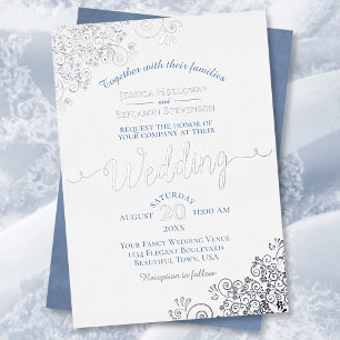 Elegant Silver Lace & Dusty Blue on White Wedding