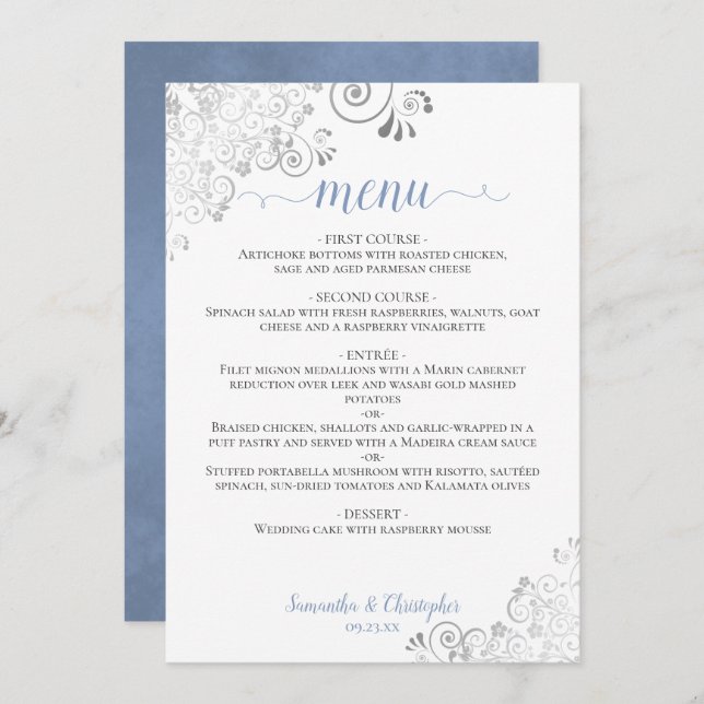 Elegant Silver Lace Dusty Blue on White Wedding Menu (Front/Back)