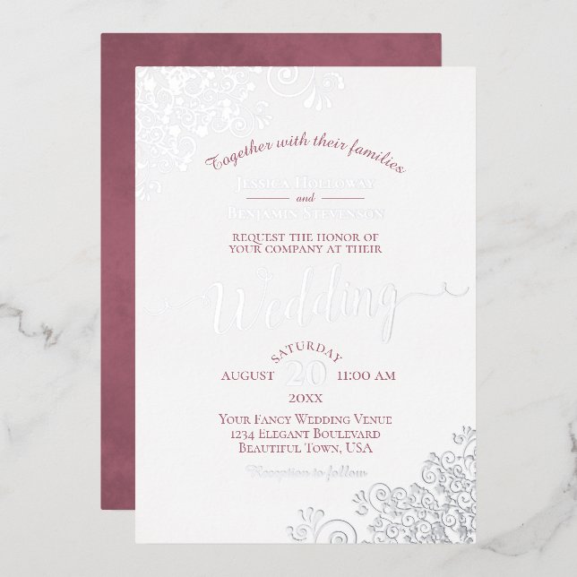 Elegant Silver Lace & Dusty Rose on White Wedding (Front/Back)