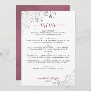 Elegant Silver Lace Dusty Rose on White Wedding Menu