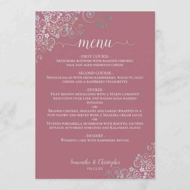 Elegant Silver Lace Frills Dusty Rose Pink Wedding Menu (Front)