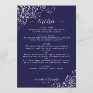 Elegant Silver Lace Frills on Navy Blue Wedding Menu