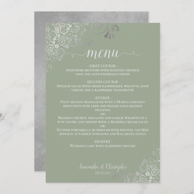 Elegant Silver Lace Frills Sage Green Wedding Menu (Front/Back)