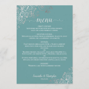 Elegant Silver Lace Frills Teal Turquoise Wedding Menu