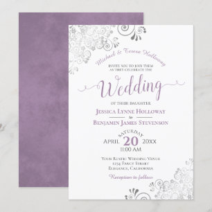 Elegant Silver Lace Lavender Formal White Wedding Invitation