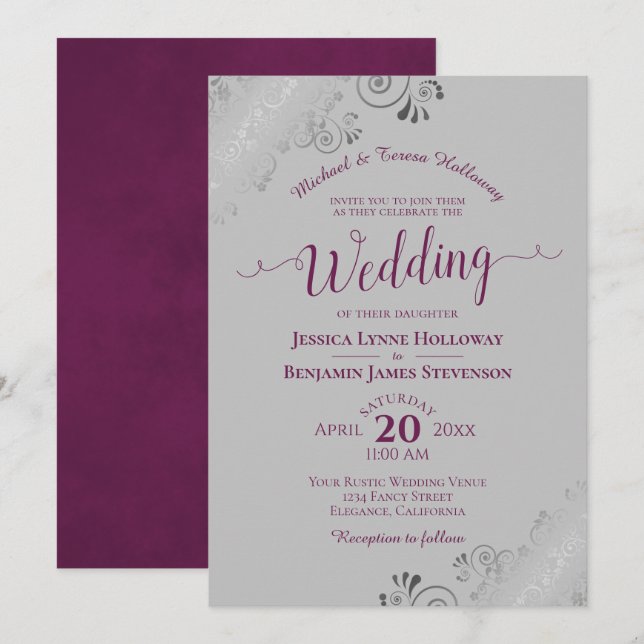 Elegant Silver Lace Magenta on Grey Formal Wedding Invitation (Front/Back)