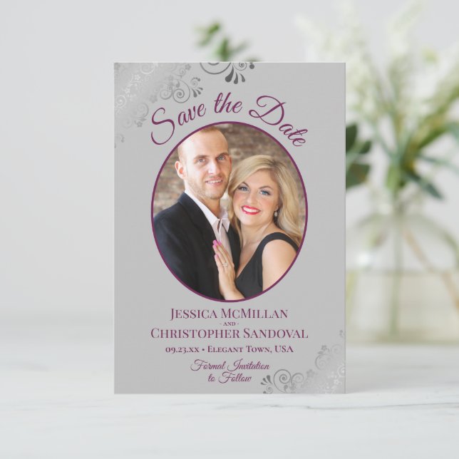 Elegant Silver Lace Magenta on Grey Photo Wedding Save The Date (Standing Front)