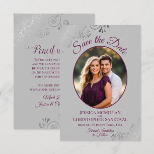 Elegant Silver Lace Magenta on Grey Photo Wedding Save The Date