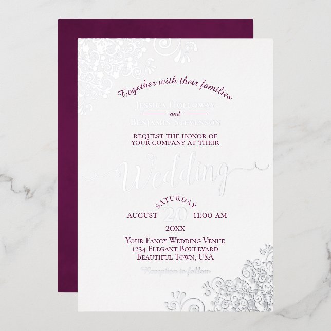Elegant Silver Lace & Magenta on White Wedding (Front/Back)