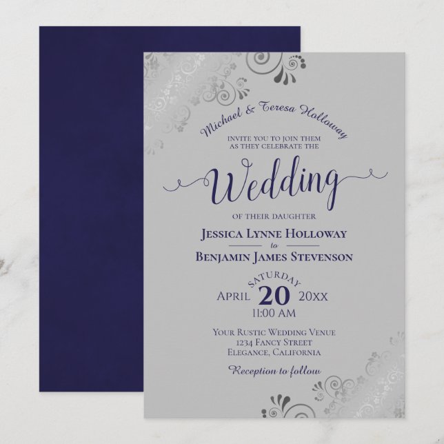 Elegant Silver Lace Navy Blue Formal Grey Wedding Invitation (Front/Back)