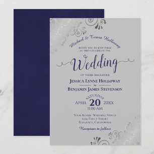 Elegant Silver Lace Navy Blue Formal Grey Wedding Invitation