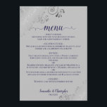 Elegant Silver Lace Navy Blue on Grey Wedding Menu<br><div class="desc">This beautiful wedding menu is simple,  elegant,  sophisticated and stylish. It features an elegant grey design with lacy navy blue script calligraphy and delicate silver curls and swirls in the corners. The back is a beautiful marbled navy blue colour.</div>