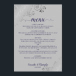 Elegant Silver Lace Navy Blue on Grey Wedding Menu<br><div class="desc">This beautiful wedding menu is simple,  elegant,  sophisticated and stylish. It features an elegant grey design with lacy navy blue script calligraphy and delicate silver curls and swirls in the corners. The back is a beautiful marbled navy blue colour.</div>