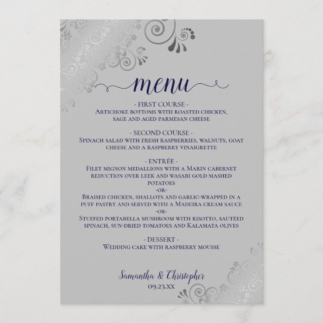 Elegant Silver Lace Navy Blue on Grey Wedding Menu (Front)