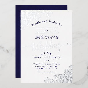 Elegant Silver Lace & Navy Blue on White Wedding