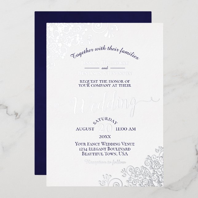 Elegant Silver Lace & Navy Blue on White Wedding (Front/Back)