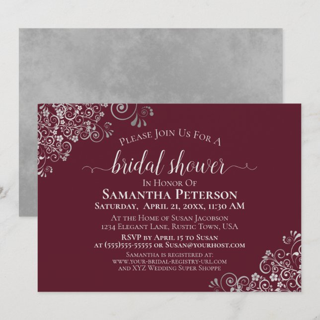 Elegant Silver Lace on Burgundy Bridal Shower Invitation (Front/Back)