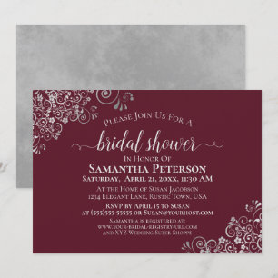 Elegant Silver Lace on Burgundy Bridal Shower Invitation
