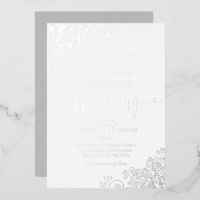 Elegant Silver Lace on Classic White Wedding (Front/Back)