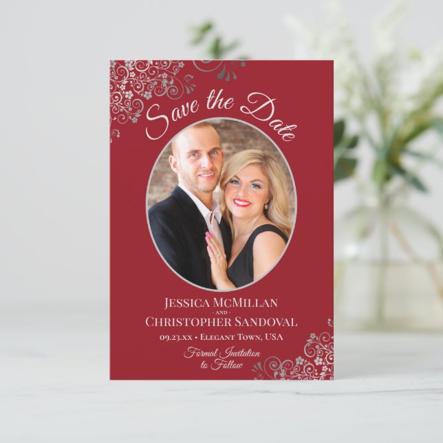 Elegant Silver Lace on Crimson Red Photo Wedding Save The Date (Standing Front)