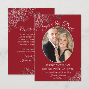 Elegant Silver Lace on Crimson Red Photo Wedding Save The Date