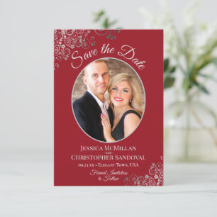 Elegant Silver Lace on Crimson Red Photo Wedding Save The Date