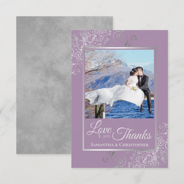 Elegant Silver Lace on Lilac Love & Thanks Wedding Thank You Card (Front/Back)