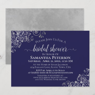 Elegant Silver Lace on Navy Blue Bridal Shower Invitation