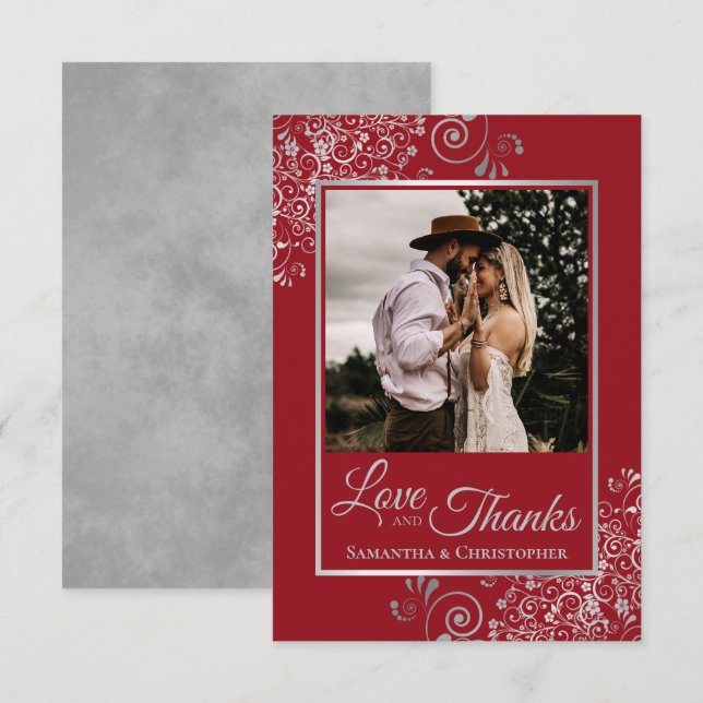 Elegant Silver Lace on Red Love & Thanks Wedding Thank You Card (Front/Back)