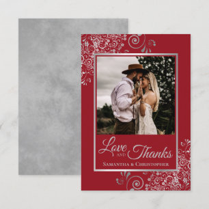 Elegant Silver Lace on Red Love & Thanks Wedding Thank You Card