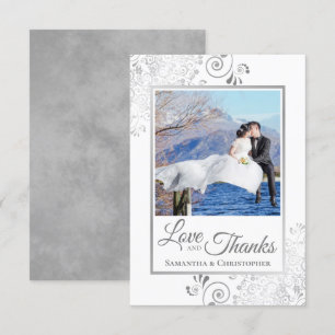 Elegant Silver Lace on White Love & Thanks Wedding Thank You Card