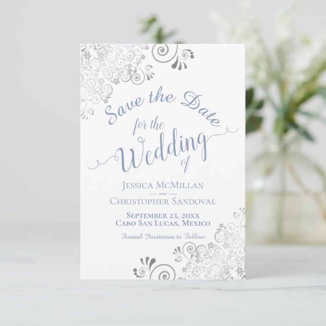 Elegant Silver Lace Periwinkle Blue White Wedding Save The Date (Standing Front)