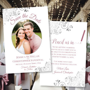 Elegant Silver Lace Photo Mauve on White Wedding Save The Date