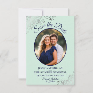 Elegant Silver Lace & Photo Mint & Navy Wedding Save The Date