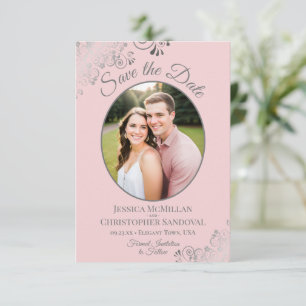 Elegant Silver Lace & Photo on Blush Pink Wedding Save The Date
