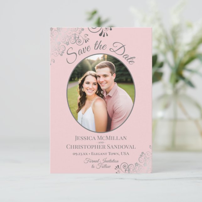 Elegant Silver Lace & Photo on Blush Pink Wedding Save The Date (Standing Front)