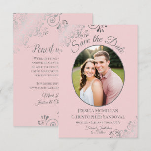 Elegant Silver Lace & Photo on Blush Pink Wedding Save The Date