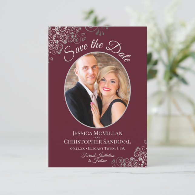 Elegant Silver Lace & Photo on Burgundy Wedding Save The Date (Standing Front)