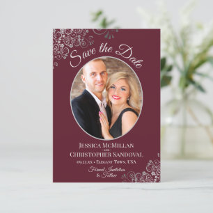 Elegant Silver Lace & Photo on Burgundy Wedding Save The Date