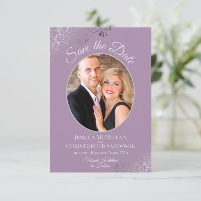 Elegant Silver Lace & Photo on Lavender Wedding Save The Date (Standing Front)