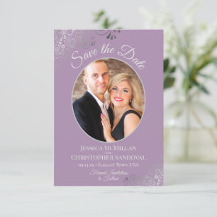 Elegant Silver Lace & Photo on Lavender Wedding Save The Date