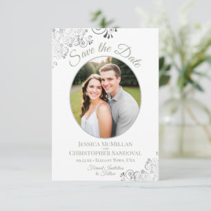 Elegant Silver Lace Photo Sage on White Wedding Save The Date