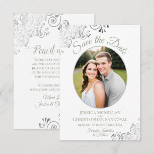 Elegant Silver Lace Photo Sage on White Wedding Save The Date