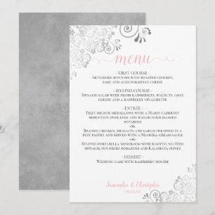 Elegant Silver Lace Pink & Grey on White Wedding Menu
