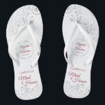 Elegant Silver Lace & Red Maid of Honour Wedding Flip Flops<br><div class="desc">These cute flip flops are a fun way to thank and recognise the Maid of Honour at your wedding. Features an elegant design with silver grey lace on a white background and fancy crimson red script lettering. There is room for her name and title, as well as the names of...</div>