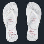 Elegant Silver Lace & Red Maid of Honour Wedding Flip Flops<br><div class="desc">These cute flip flops are a fun way to thank and recognise the Maid of Honour at your wedding. Features an elegant design with silver grey lace on a white background and fancy crimson red script lettering. There is room for her name and title, as well as the names of...</div>