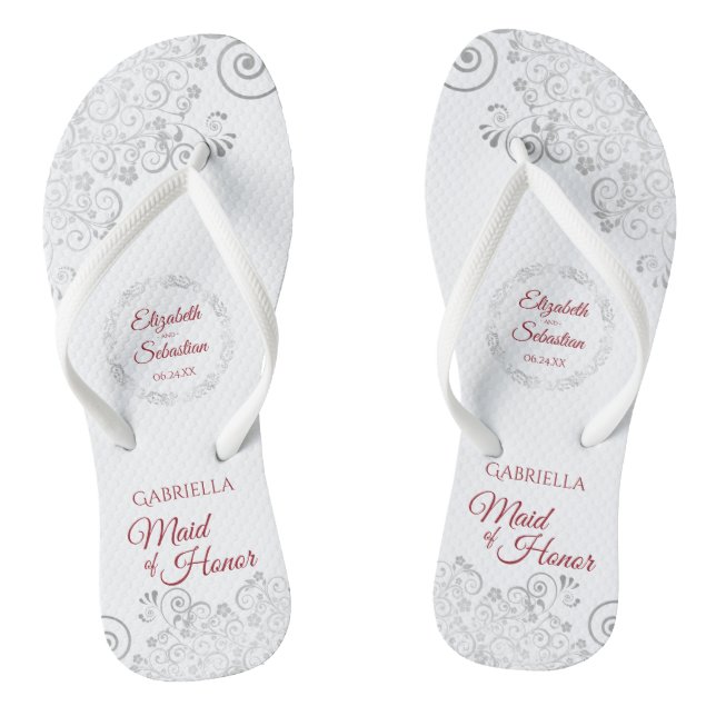 Elegant Silver Lace & Red Maid of Honour Wedding Flip Flops (Footbed)
