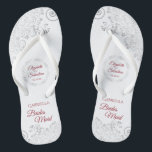 Elegant Silver Lace Red Script Bridesmaid Wedding Flip Flops<br><div class="desc">These cute flip flops are a fun way to thank and recognise the bridesmaids at your wedding. Features an elegant design with silver grey lace on a white background and fancy crimson red script lettering. There is room for her name and title, as well as the names of the wedding...</div>