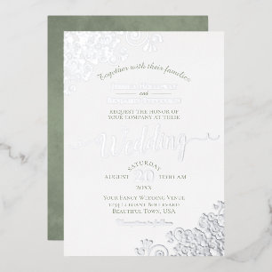 Elegant Silver Lace & Sage Green on White Wedding